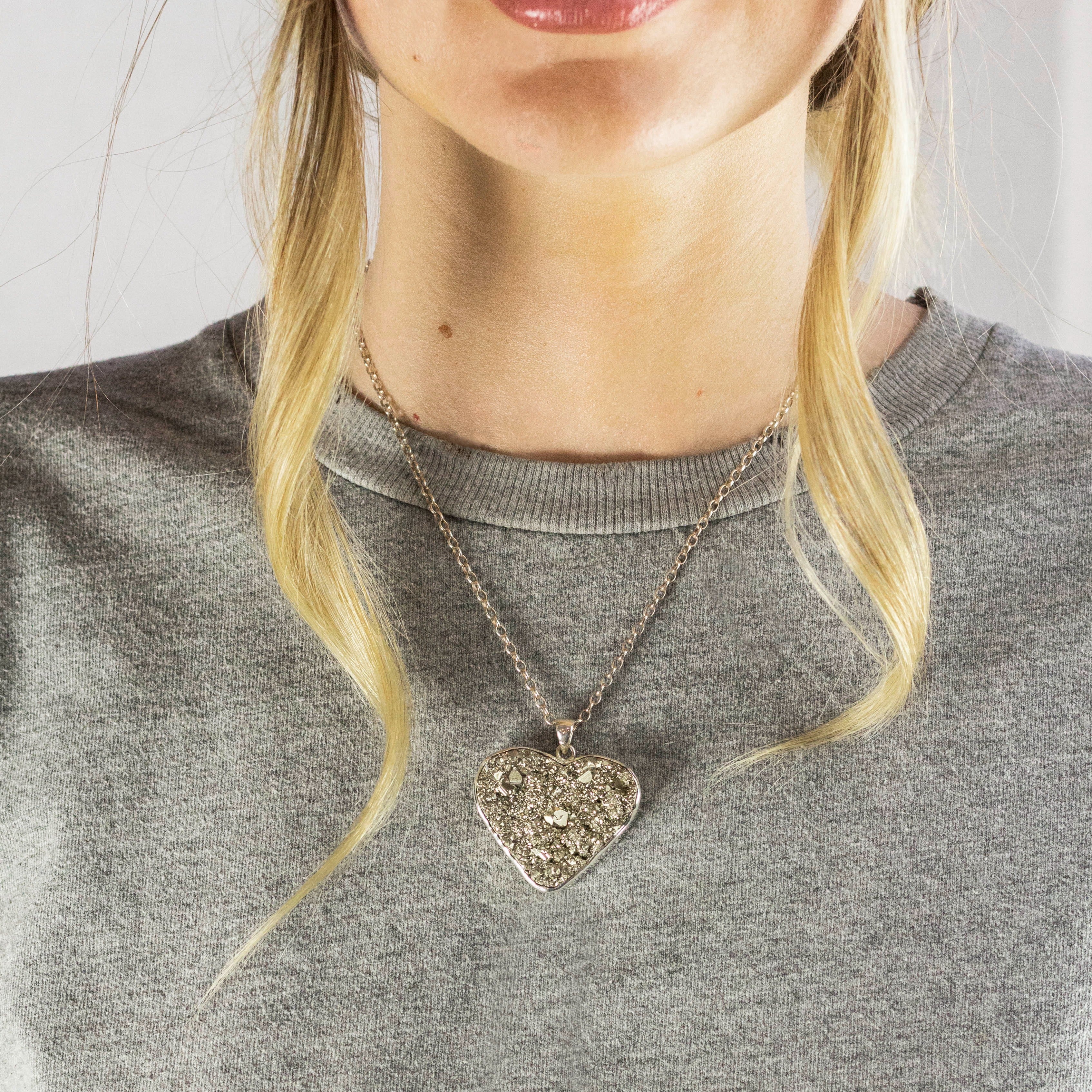 Pyrite cluster love Heart necklace on Model
