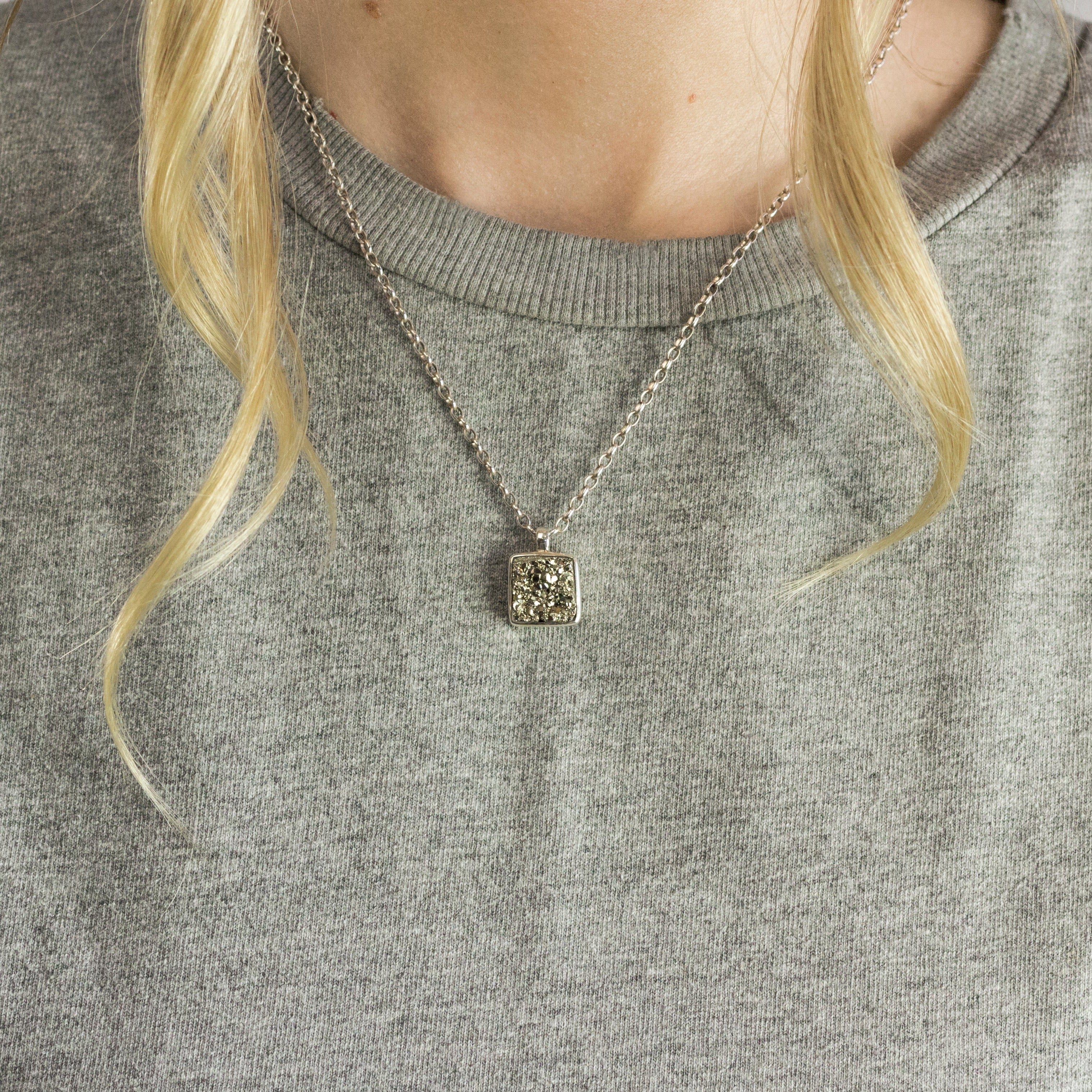 Model Wearing Pyrite cluster necklace square bezel Made In Earth