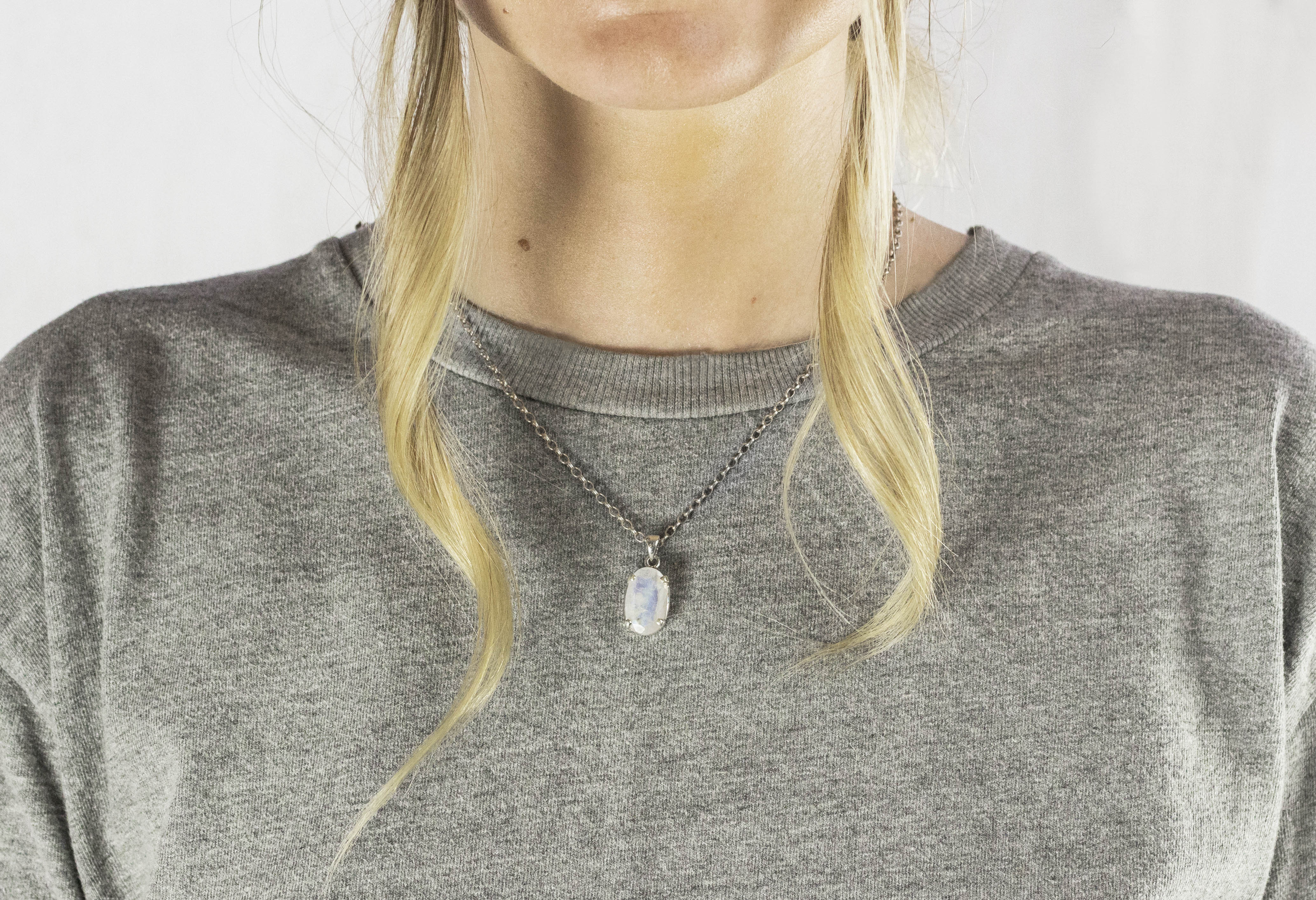 Rainbow Moonstone Necklace on Model Made In Earth