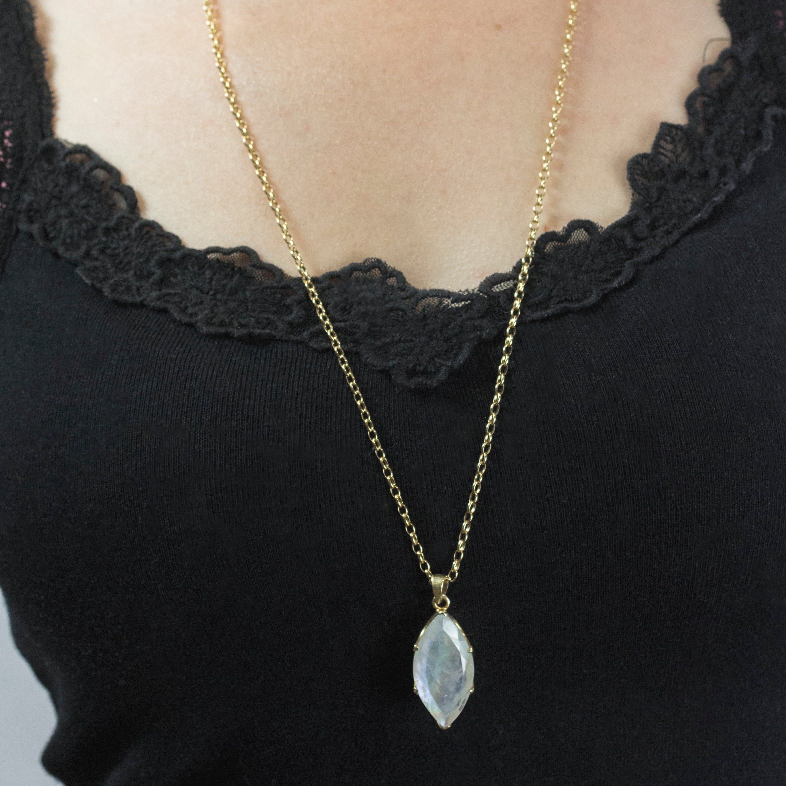 Faceted Marquis Rainbow Moonstone Necklace on model
