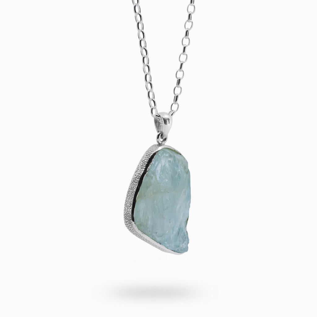 Blue Aquamarine Raw Necklace in Textured Sterling Silver