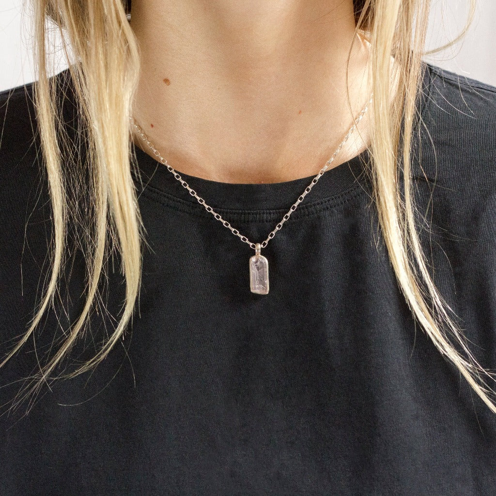 Clear Lavender Abstract rectangle Raw Kunzite necklace On Model
