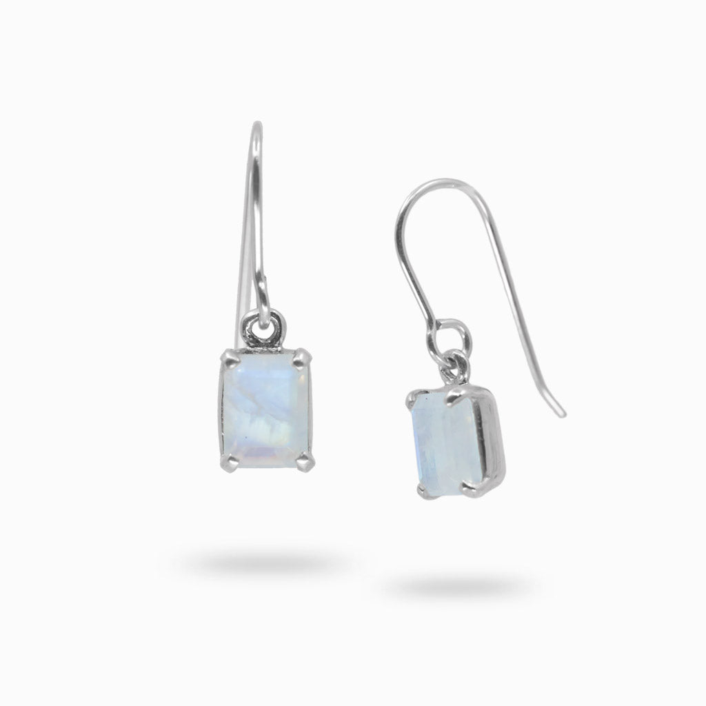 Faceted Rectangle Rainbow Moonstone drop Earrings