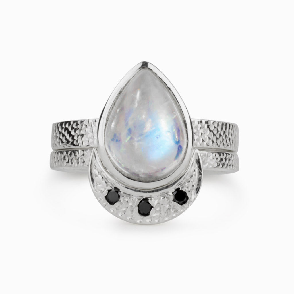 Light blue Rainbow Moonstone Teardrop and three small accent Black Diamond gemstones Ring Made in Earth