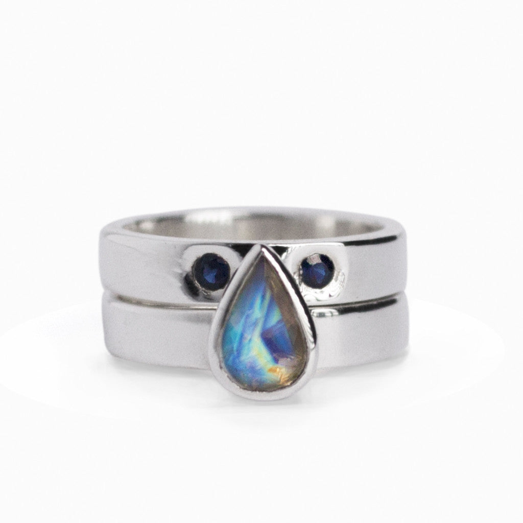 Blue Rainbow Moonstone Teardrop & Dark Blue Sapphire Ring Made in Earth