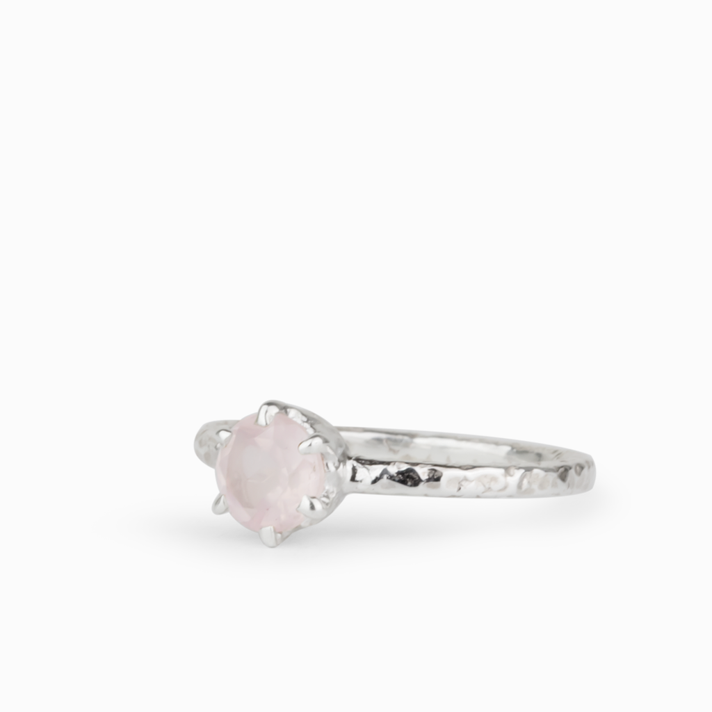 Rose Quartz PInk Gemstone Ring Textured Silver Made In Earth