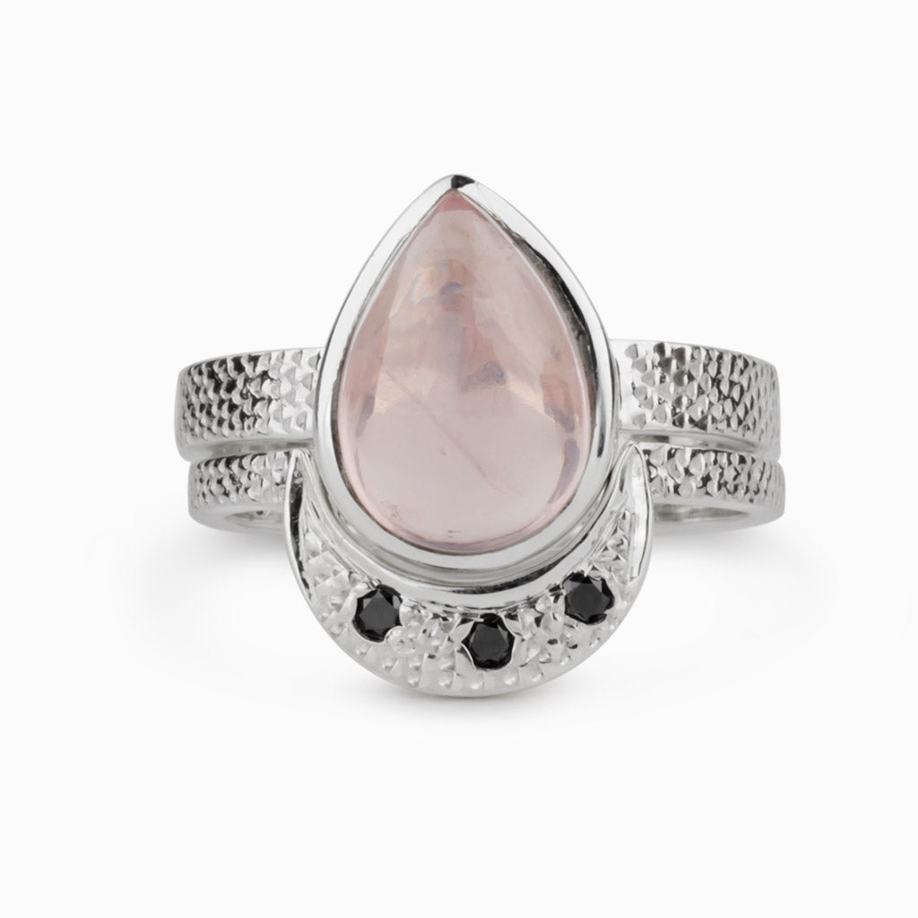 Light Pink Teadrop Rose Quartz and Three Accent Black Diamond Ring Made in Earth