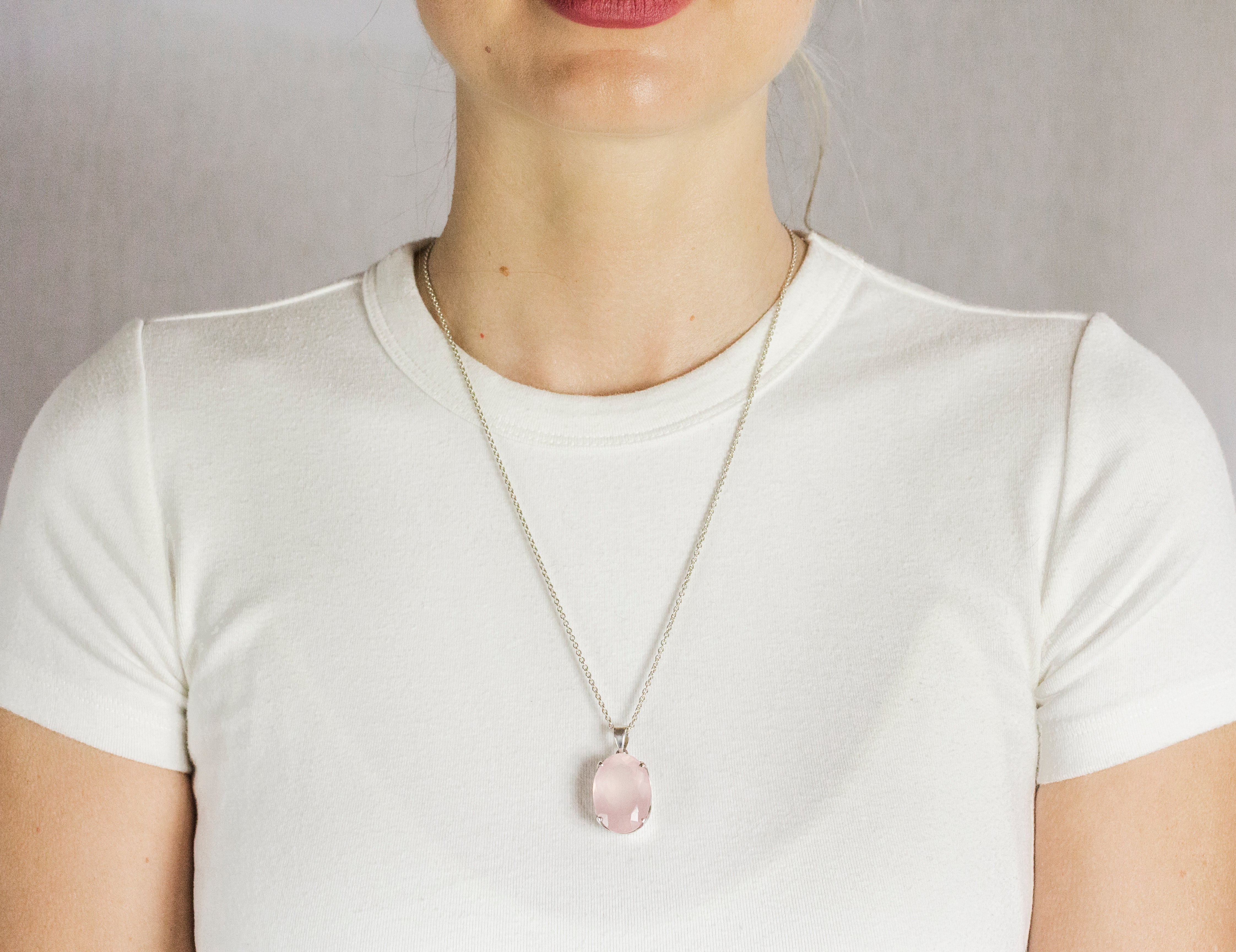 Oval Faceted Pink Rose Quartz Necklace With Filagree Made In Earth On Model