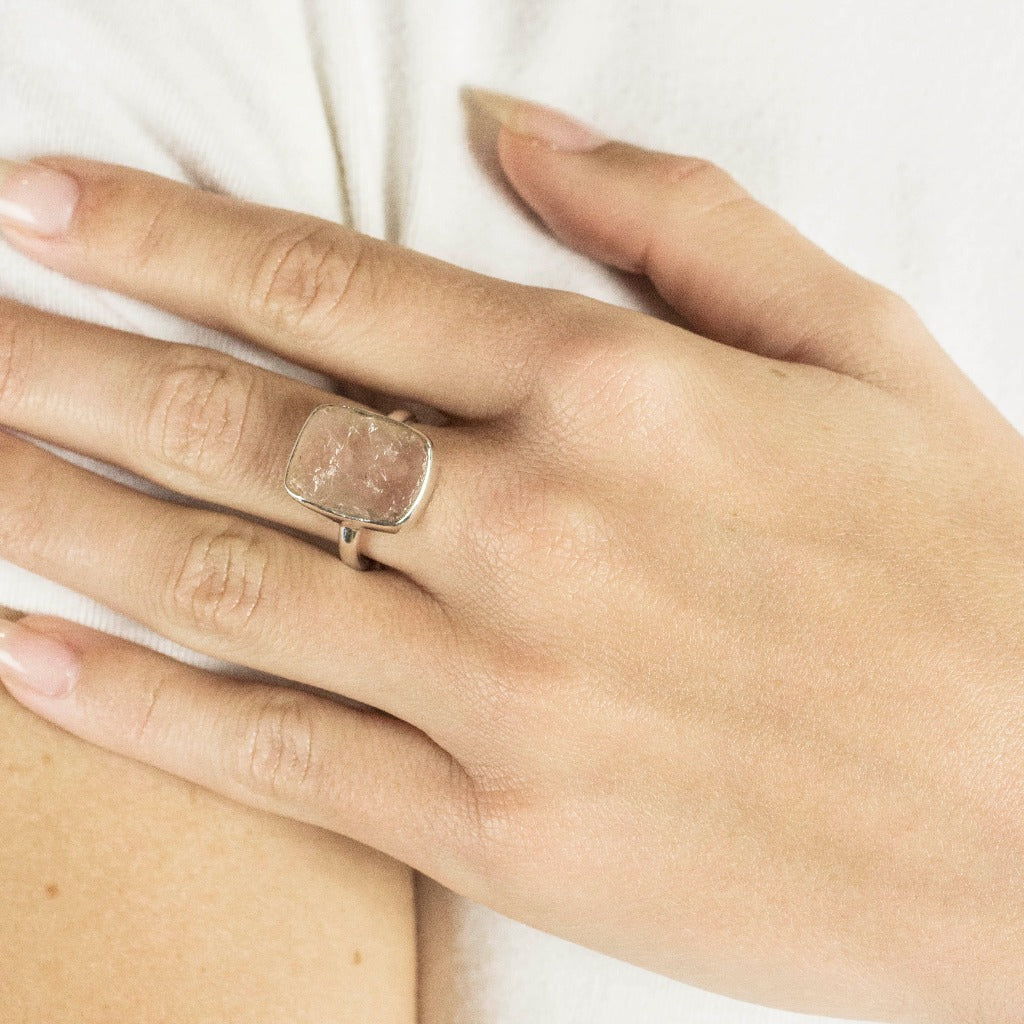 Model Wearing Raw Pink Rose Quartz Ring Made In Earth