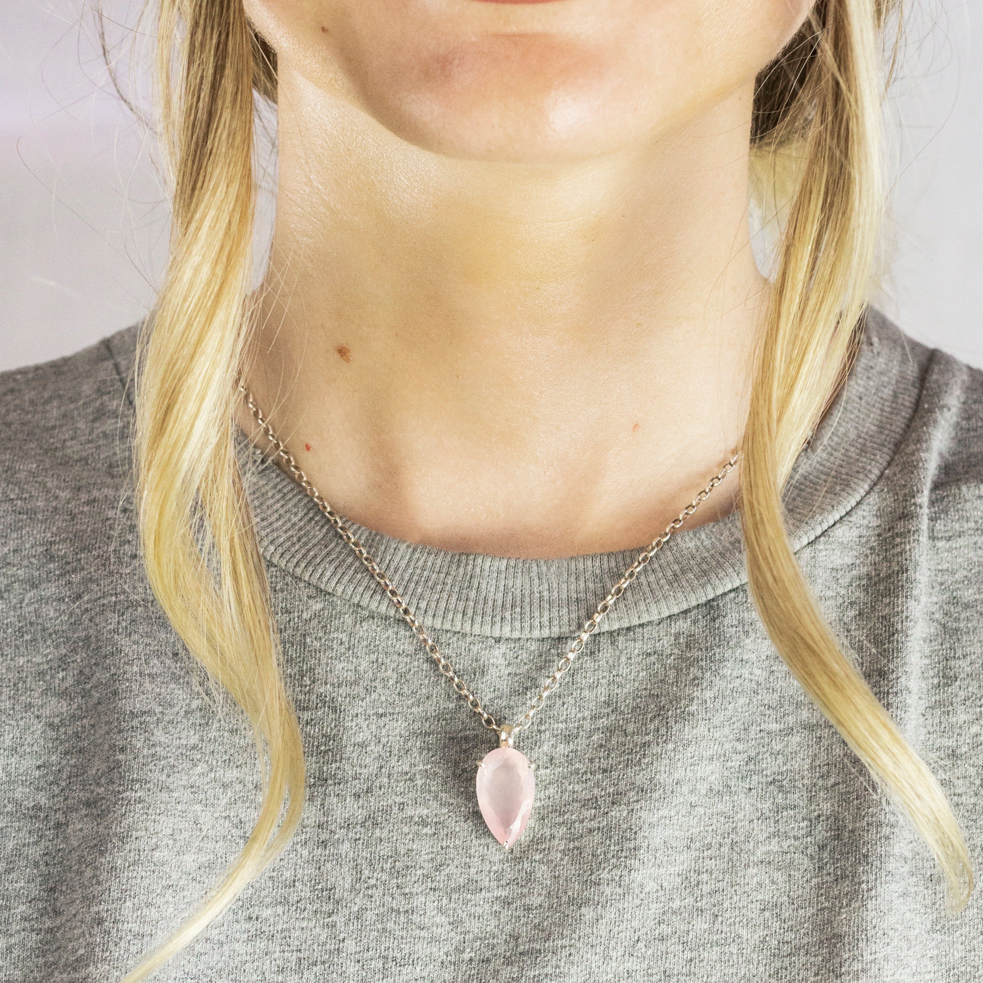 Model Wearing Faceted Rose Quartz Necklace prong Made In Earth
