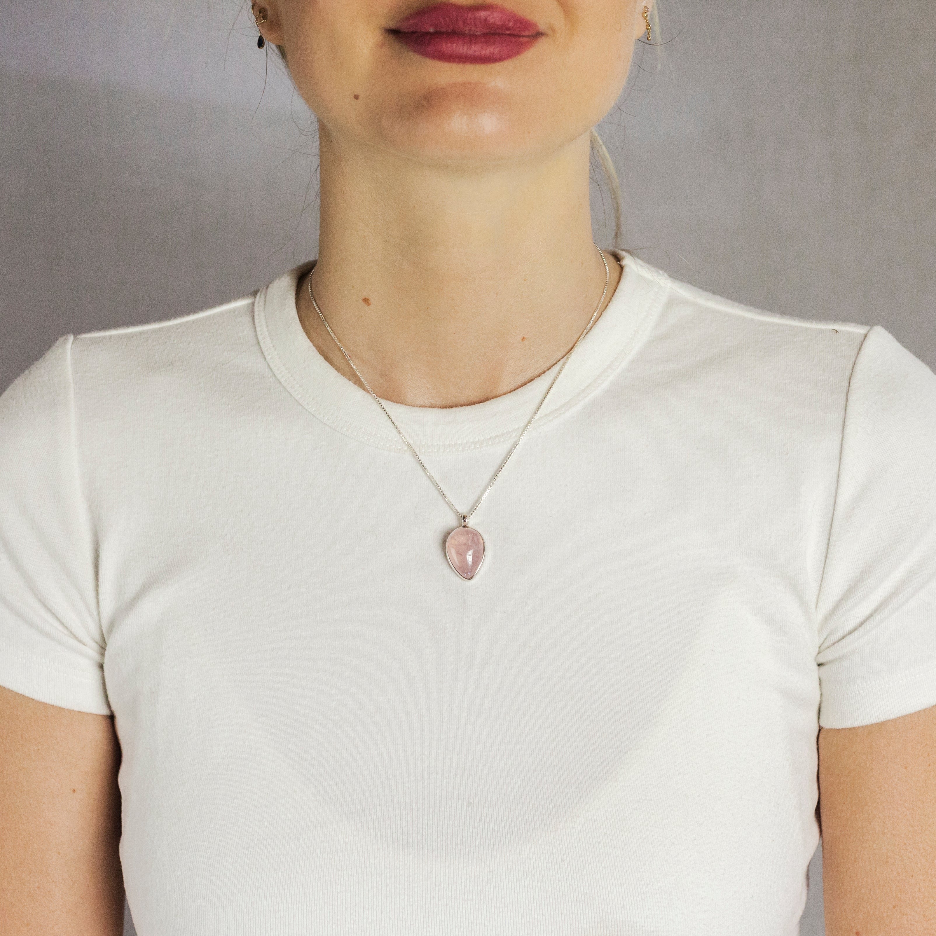 Inverted Cabochon Teardrop Rose Quartz Necklace Made In Earth On Model