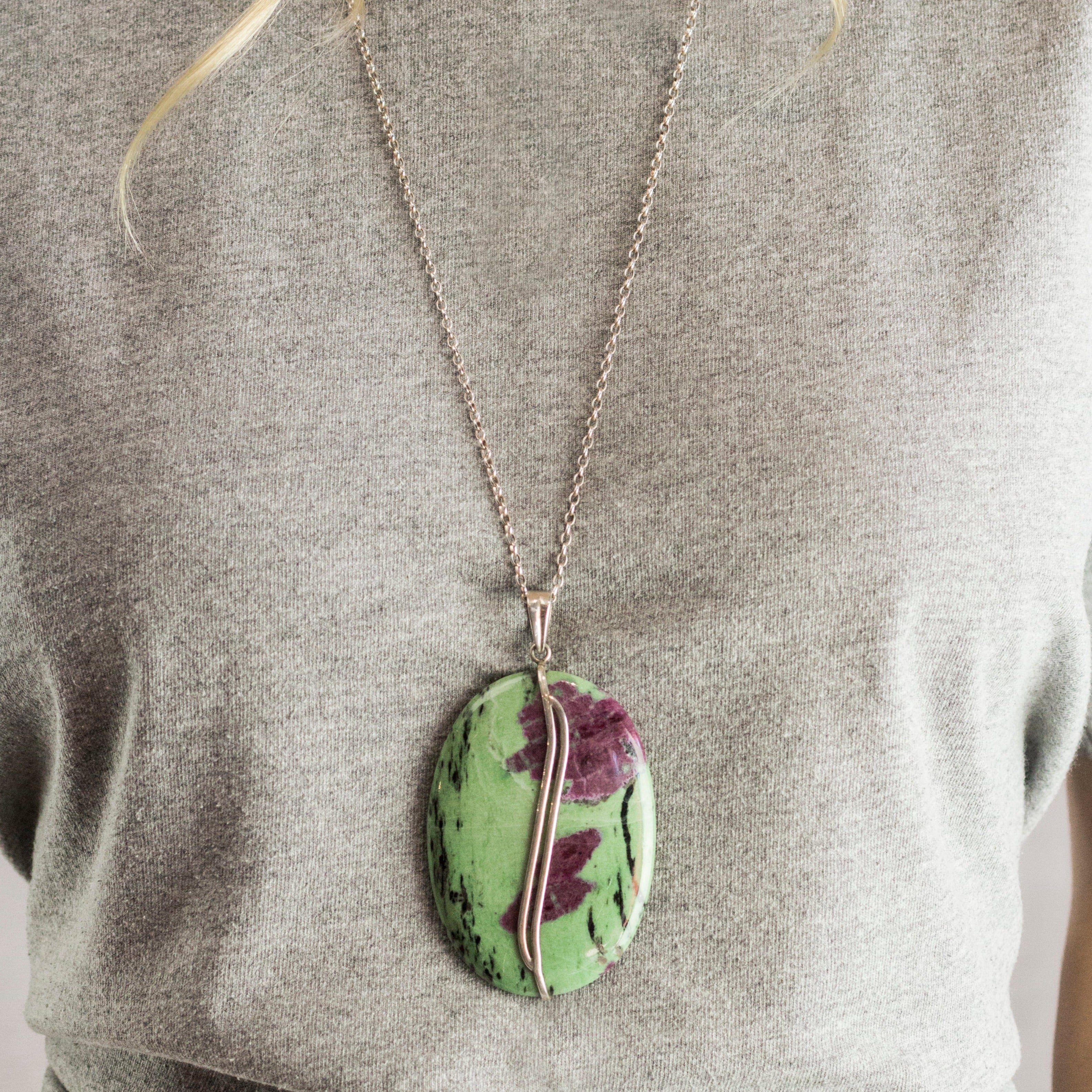 Cabochon Ruby Zoisite Necklace On Model