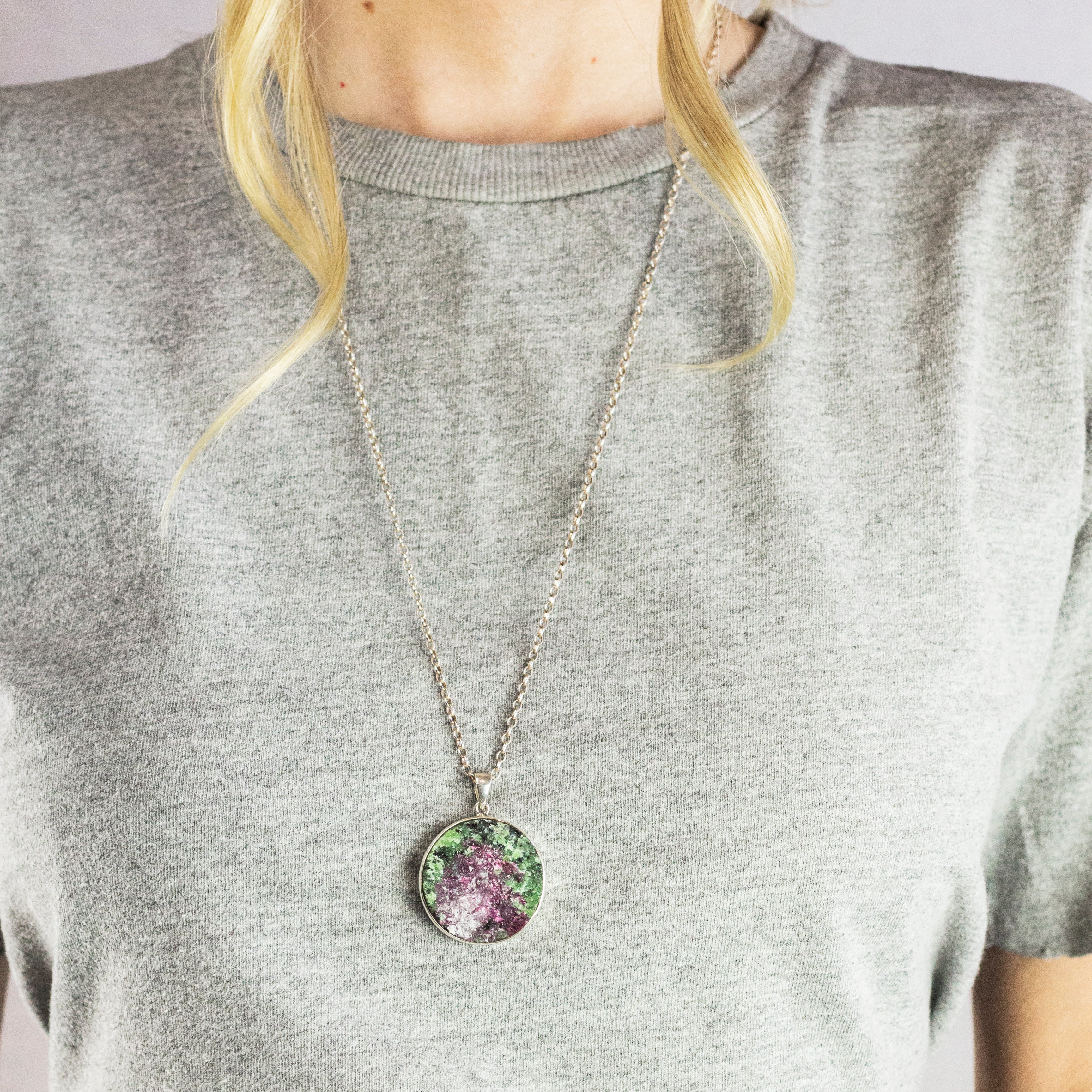Model Wearing Raw Round Ruby Zoisite Necklace