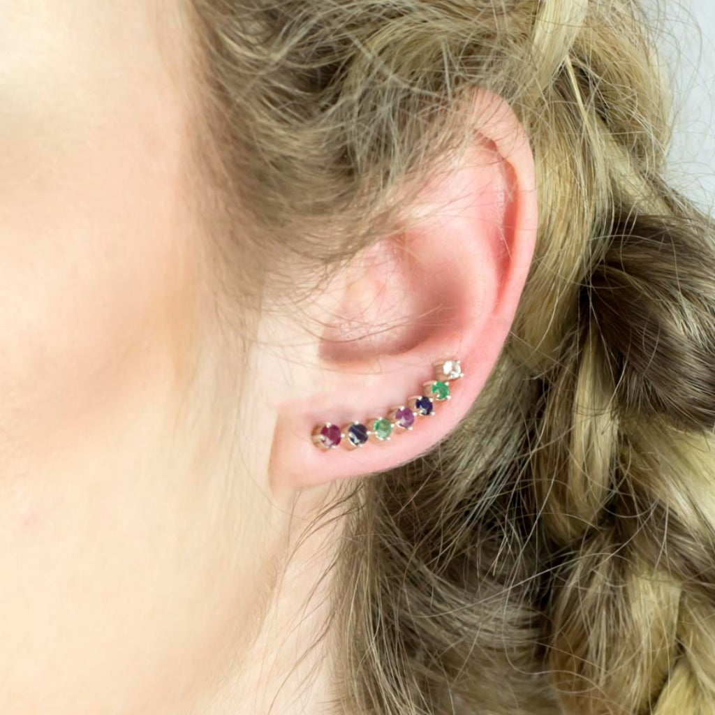 Ruby, Sapphire, Emerald, and White Topaz Ear Climbers on Model