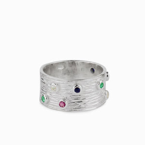 Small gemstones on Wide Textured Silver band: Sapphire, Emerald, Ruby & White Topaz Ring Made in Earth