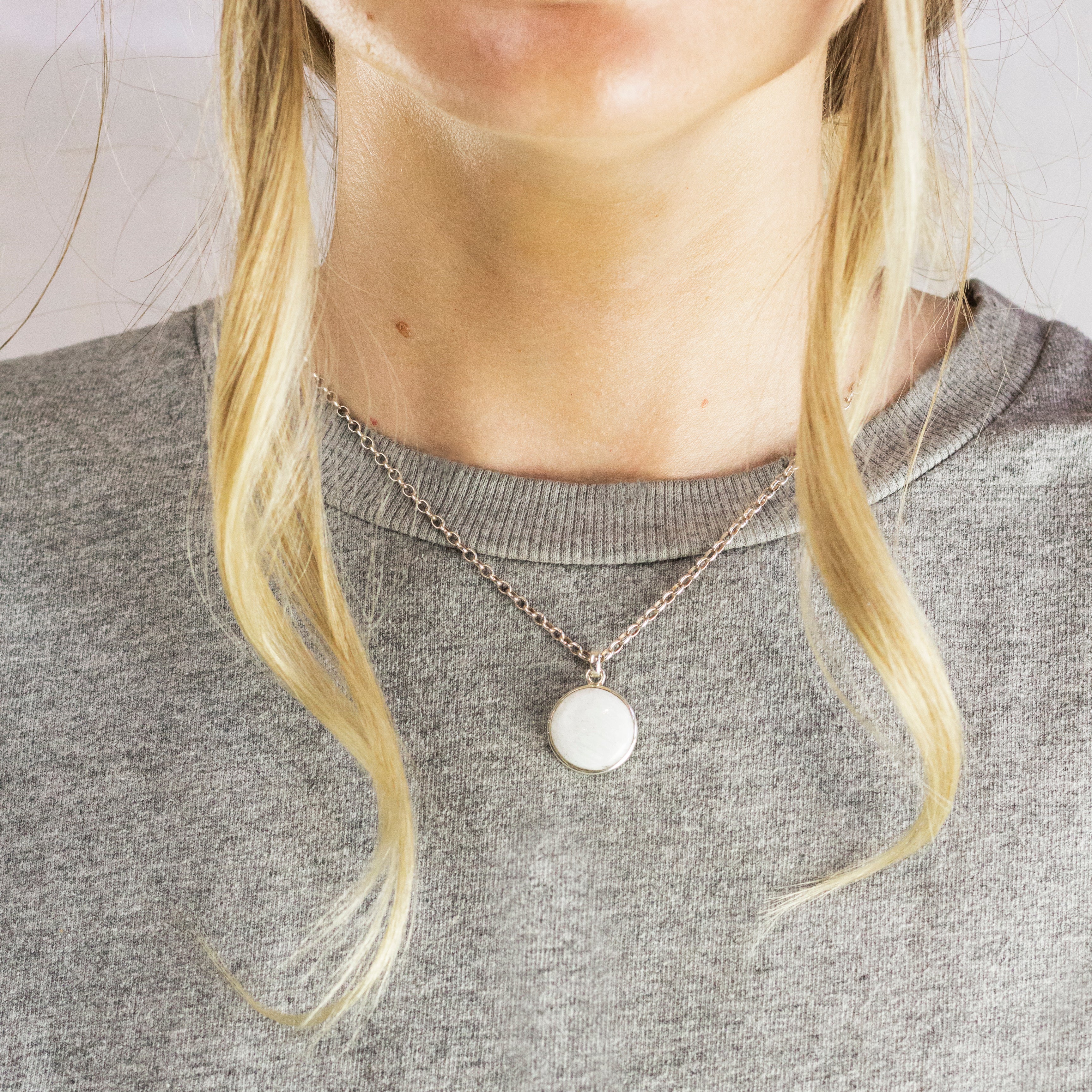 Model Wearing Round Cabochon Scolecite Necklace