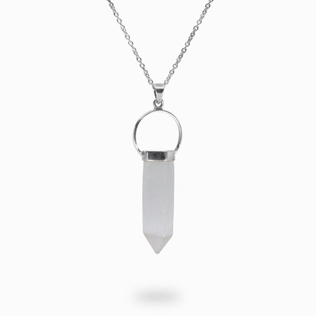 Colorless Needle Like gemstone in Silver Halo setting Selenite Necklace made in earth