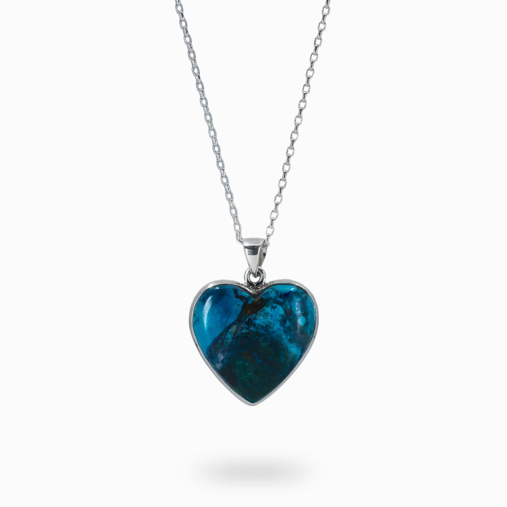 Blue Cabochon Heart Shattuckite Necklace Sterling Silver