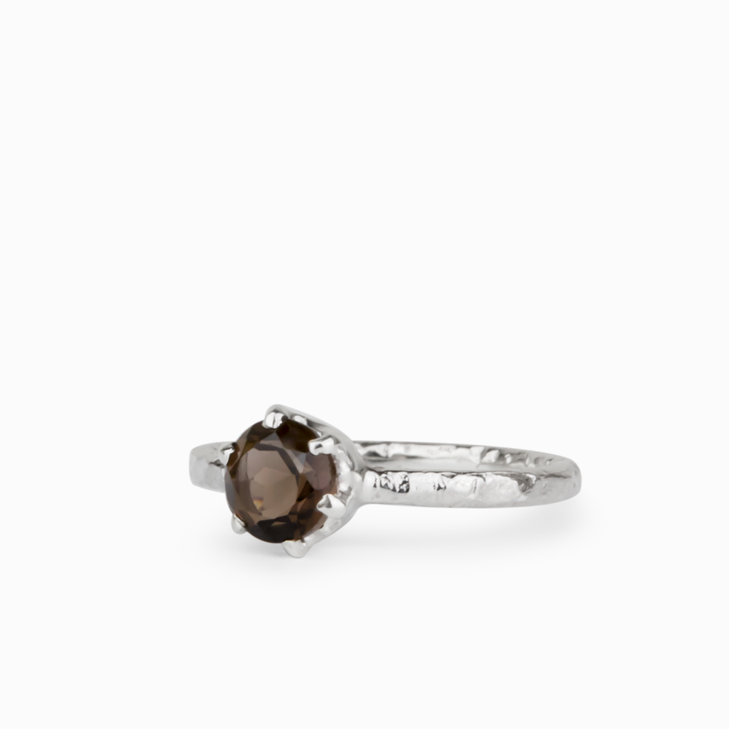 Brown Smokey Quartz Textured Silver Ring Made In Earth