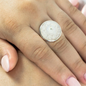 Model Featuring White Milky Solar Quartz Ring Made in Earth