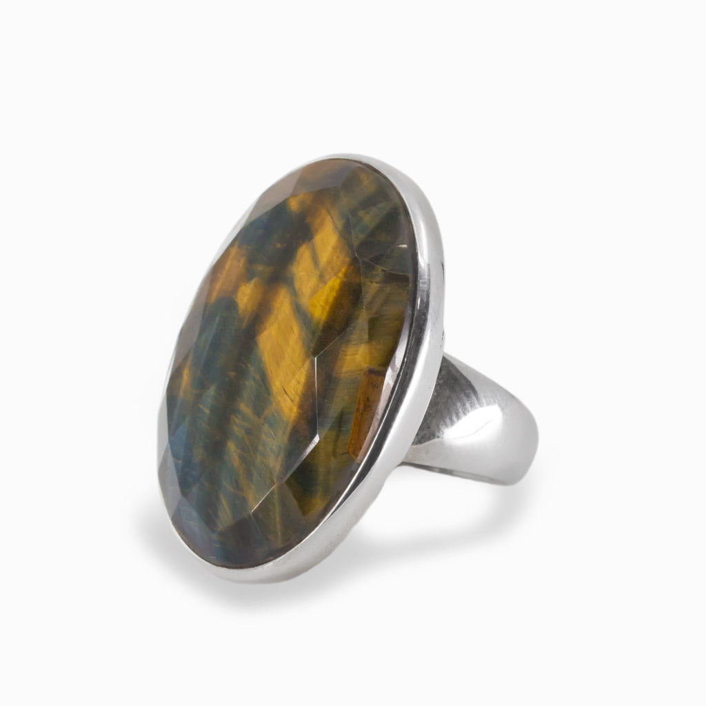 Golden Hawks Eye  in Sterling Silver Faceted Ring Made In Earth 