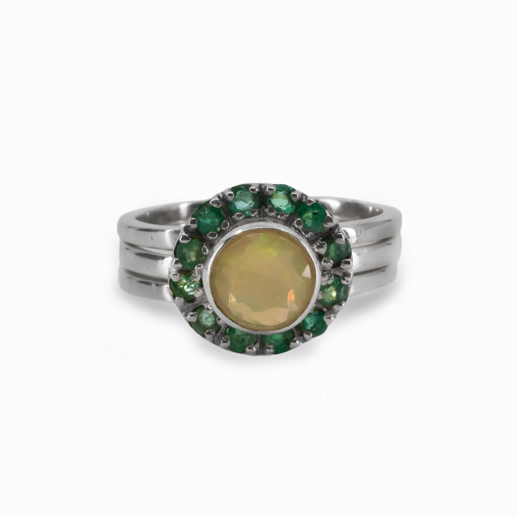 Yellow Green Opal & Dark Green Emerald Stack Ring Made in Earth