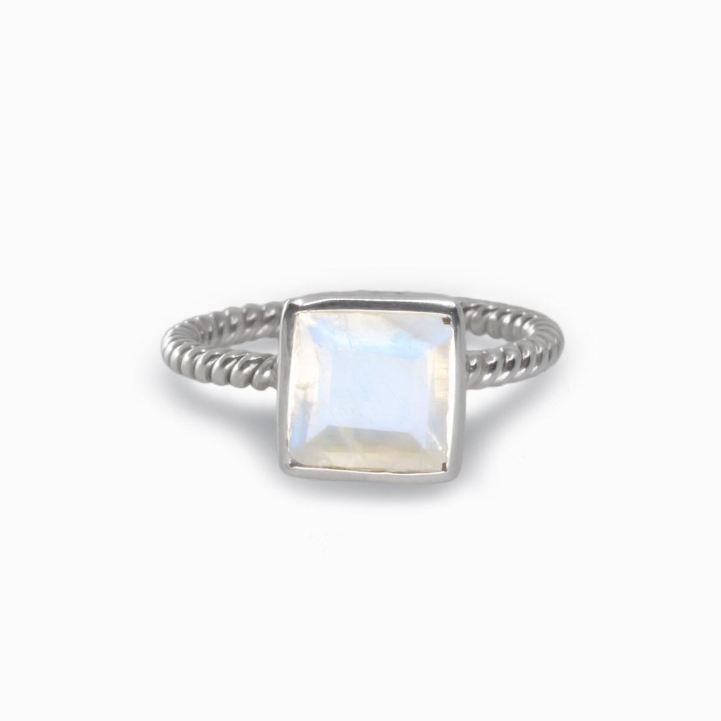 White Yellow Rainbow Moonstone Ring Made in Earth