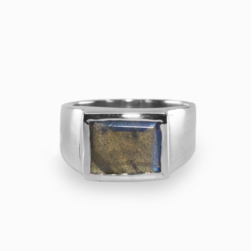 Brown Gold Blue Rectangle Labradorite Ring Made in Earth
