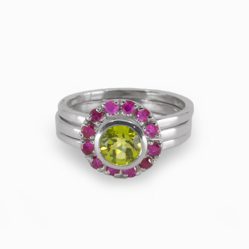 Green Peridot & Violet Ruby Flower shape Ring Made in Earth