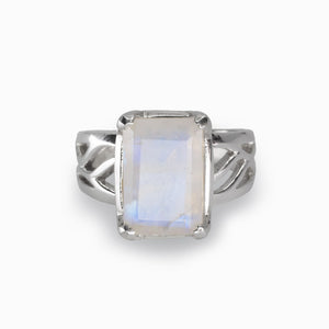 Rectangle Purple White Rainbow Moonstone Ring Made in Earth