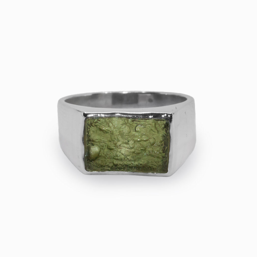 Forest green rectangular Moldavite Ring Made in Earth