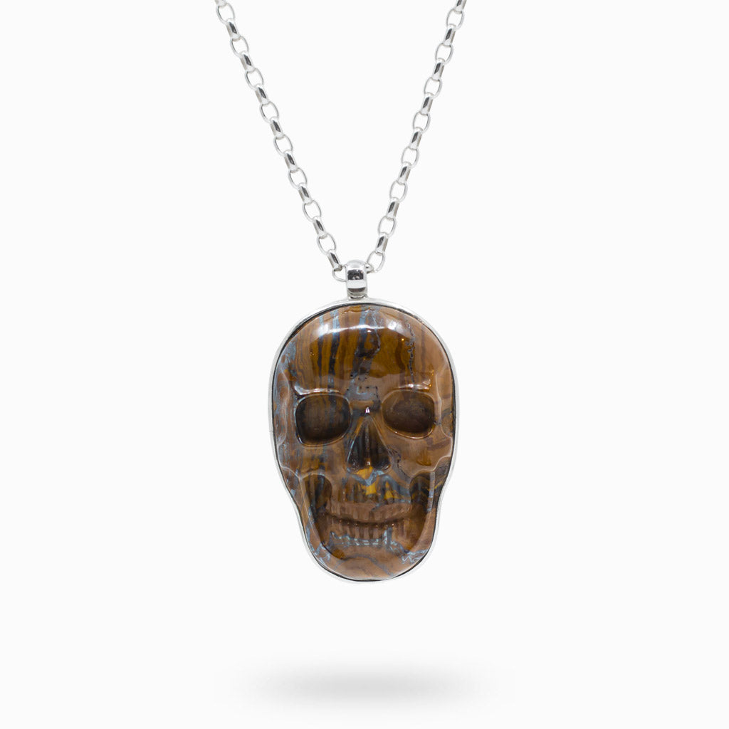 sterling silver brown cabochon skull shaped Tiger Iron necklace