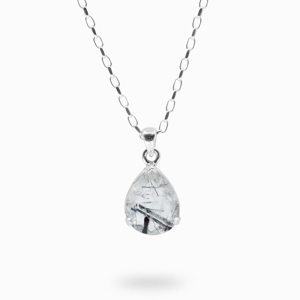 sterling silver tear black and clear faceted Tourmalinated Quartz Necklace