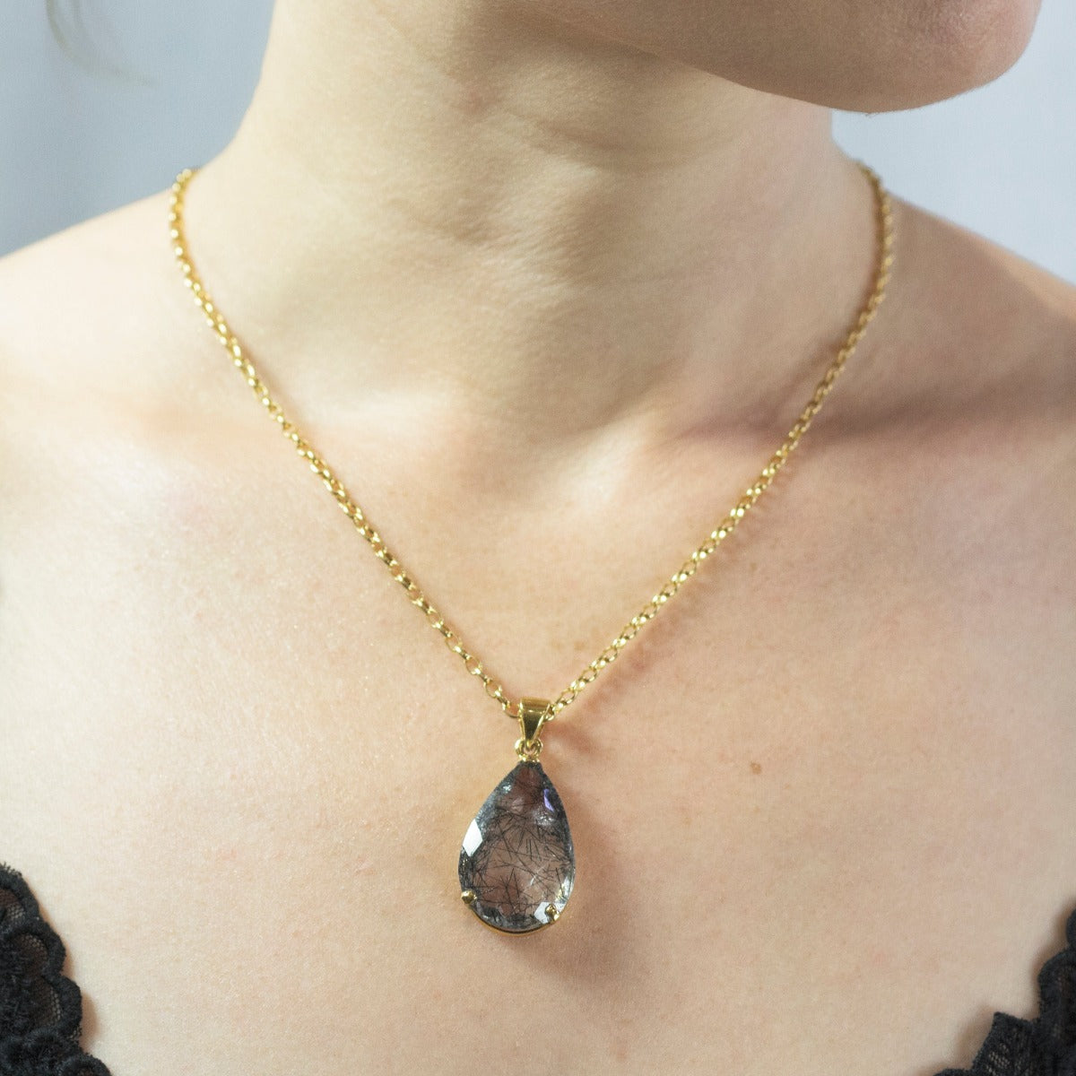 14k yellow gold vermeil tear black and clear faceted Tourmalinated Quartz Necklace on model