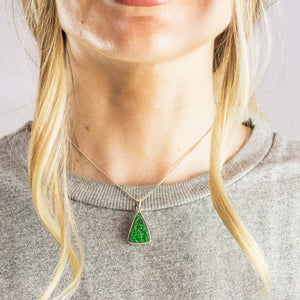 Model Wearing Triangle Druzy Uvarovite Garnet Necklace Made in Earth