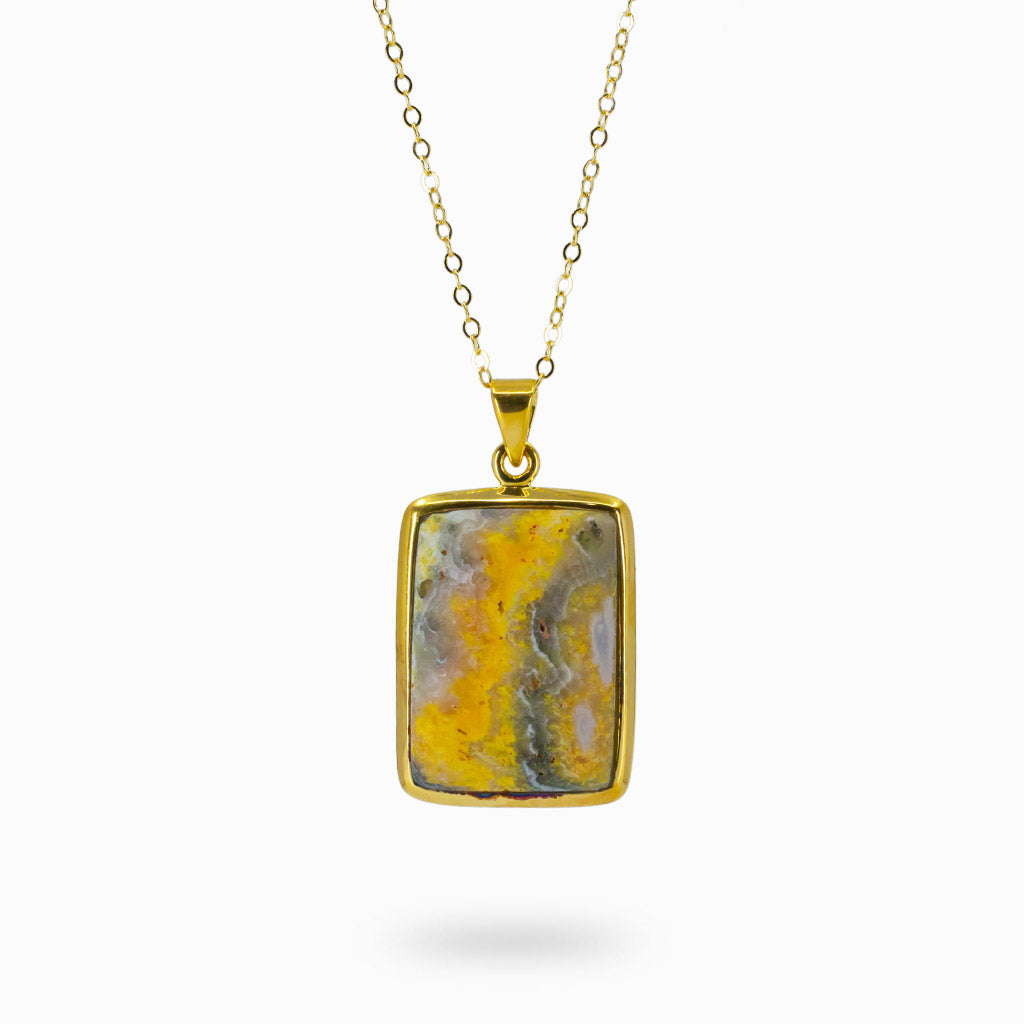 RECTANGLE CABOCHON YELLOW-GRAY 14K YELLOW GOLD VERMEIL BUMBLE BEE JASPER NECKLACE 