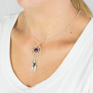 ROUND AND ORGANIC PURPLE BLACK WHITE FACETED AND RAW STERLING SILVER DREAM CATCHER NECKLACE ON MODEL