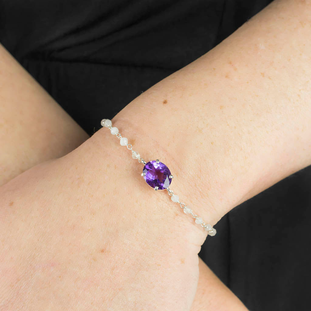Amethyst and Rainbow Moonstone Bracelet on Model Made In Earth