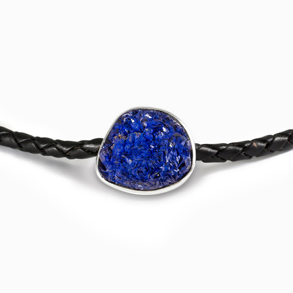 Blue raw Azurite Braided Leather Necklace