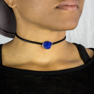 Blue raw Azurite Braided Leather Necklace on Model