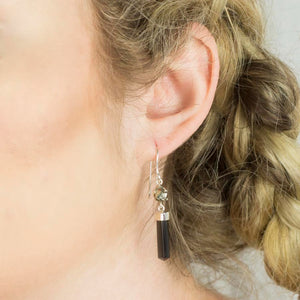 Black Tourmaline and Pyrite Drop Earrings on Model