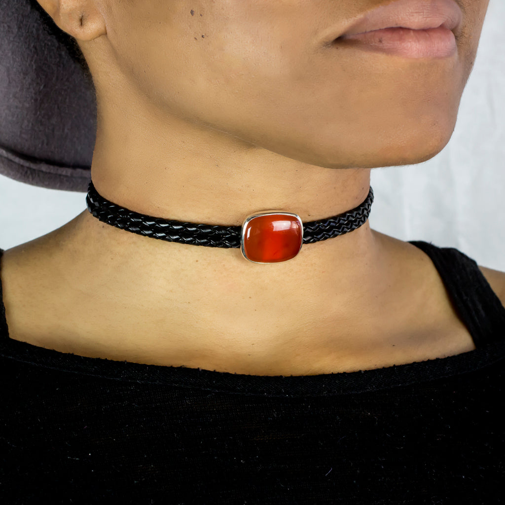 Carnelian cabochon Braided Leather Choker Necklace on model