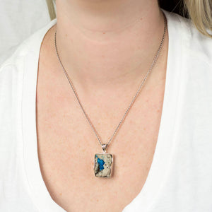 RAW RECTANGLE BLUE WHITE STERLING SILVER CAVANSITE NECKLACE ON MODEL