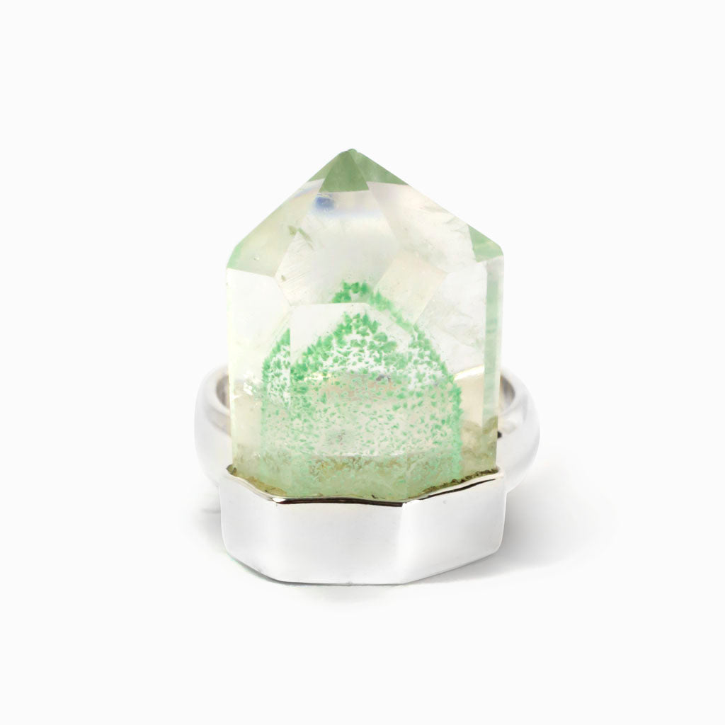 White Green Celadonite Phantom Quartz Ring Made in Earth