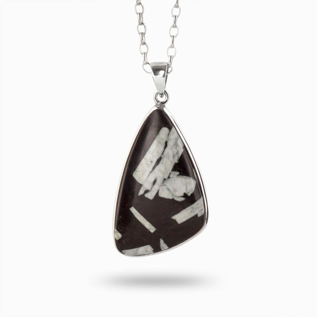 Black abstract tear shape with white accents Chinese Writing Rock Necklace