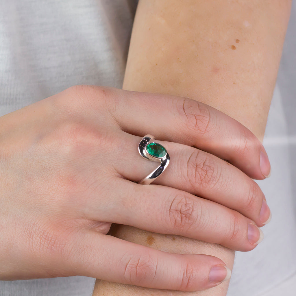 Dark Forest Green Emerald Ring with unique silver band Made in Earth