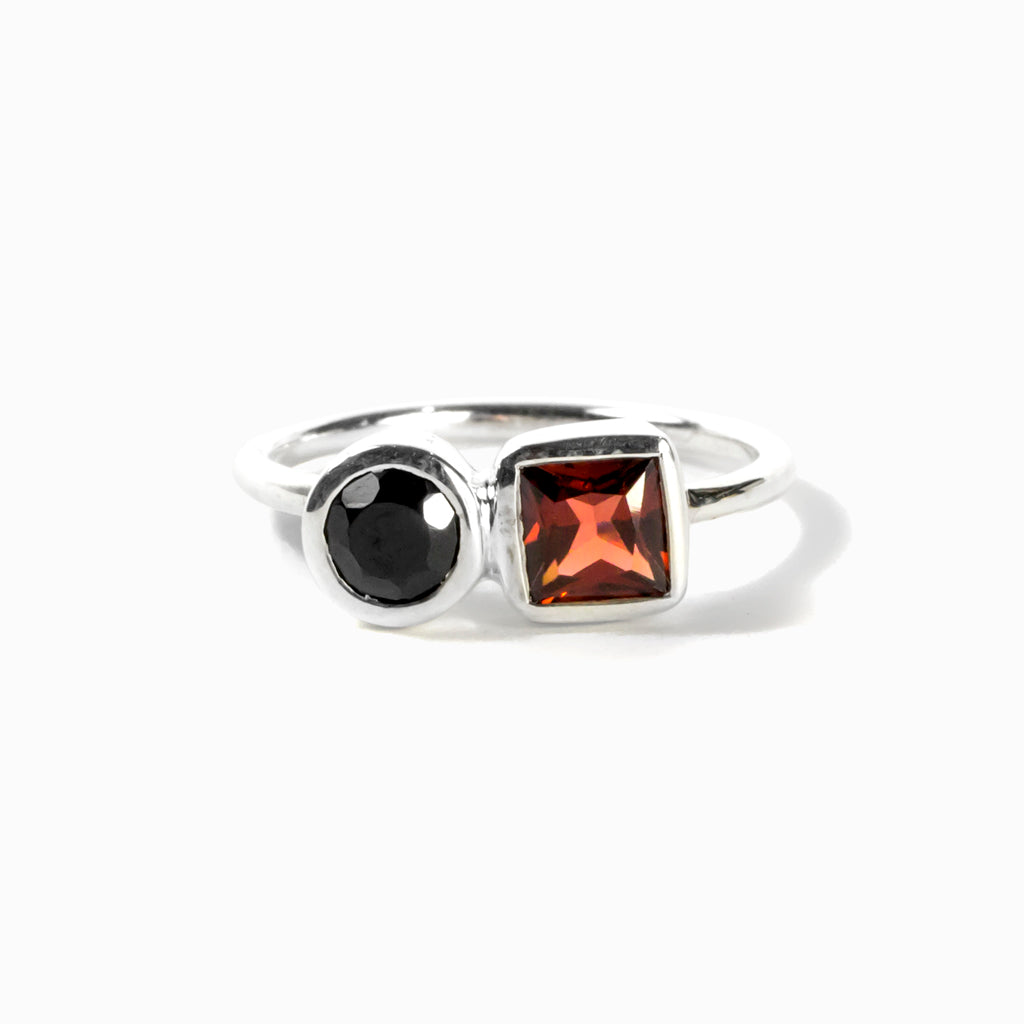 Black Onyx Circle & Red Square Garnet Ring Made in Earth