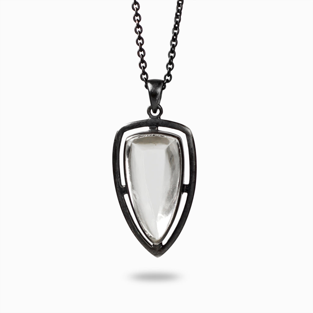 reverse rounded triangle in dark sterling silver frame Clear Quartz Necklace Made in Earth