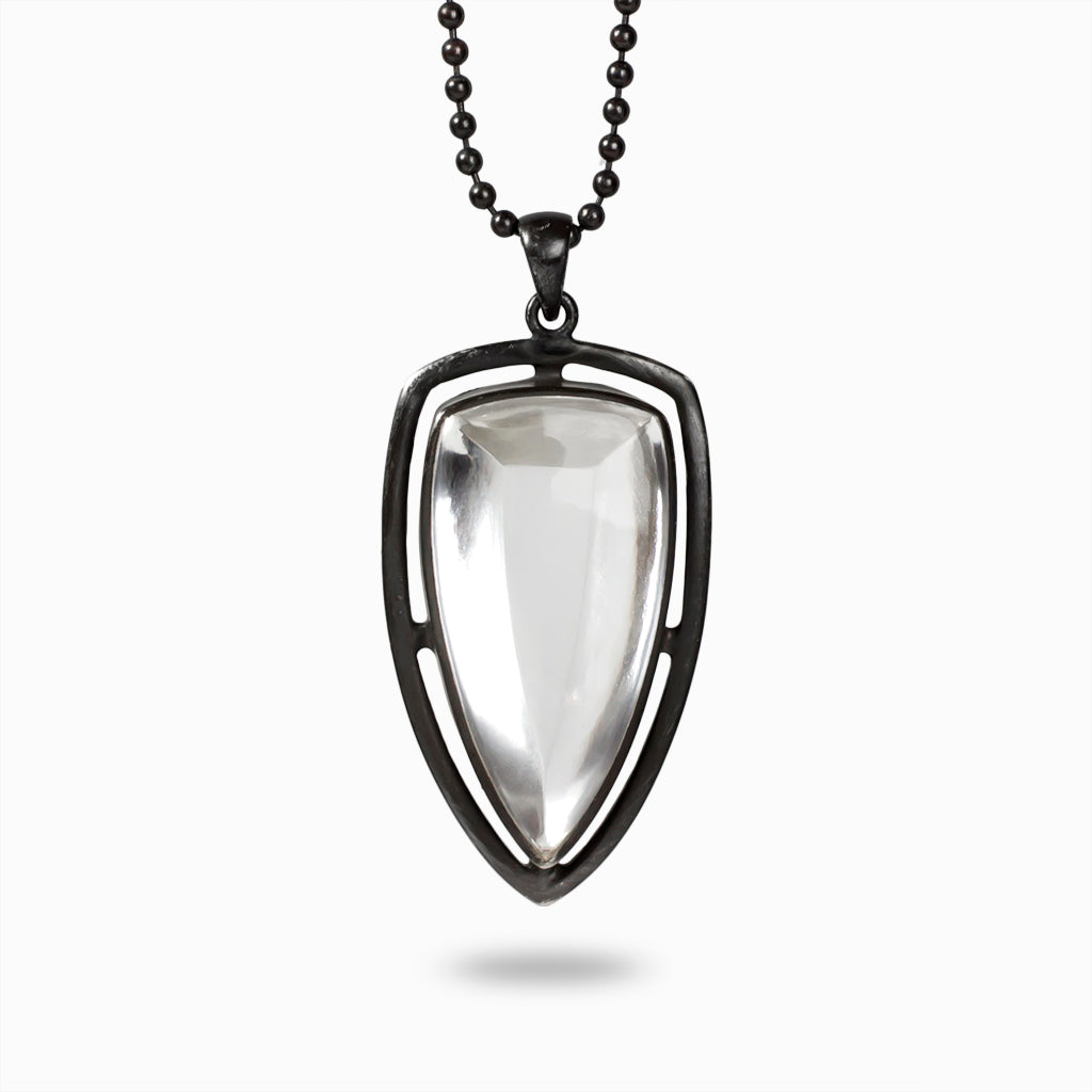 Reverse rounded triangle in dark silver setting Clear Quartz Necklace made in earth