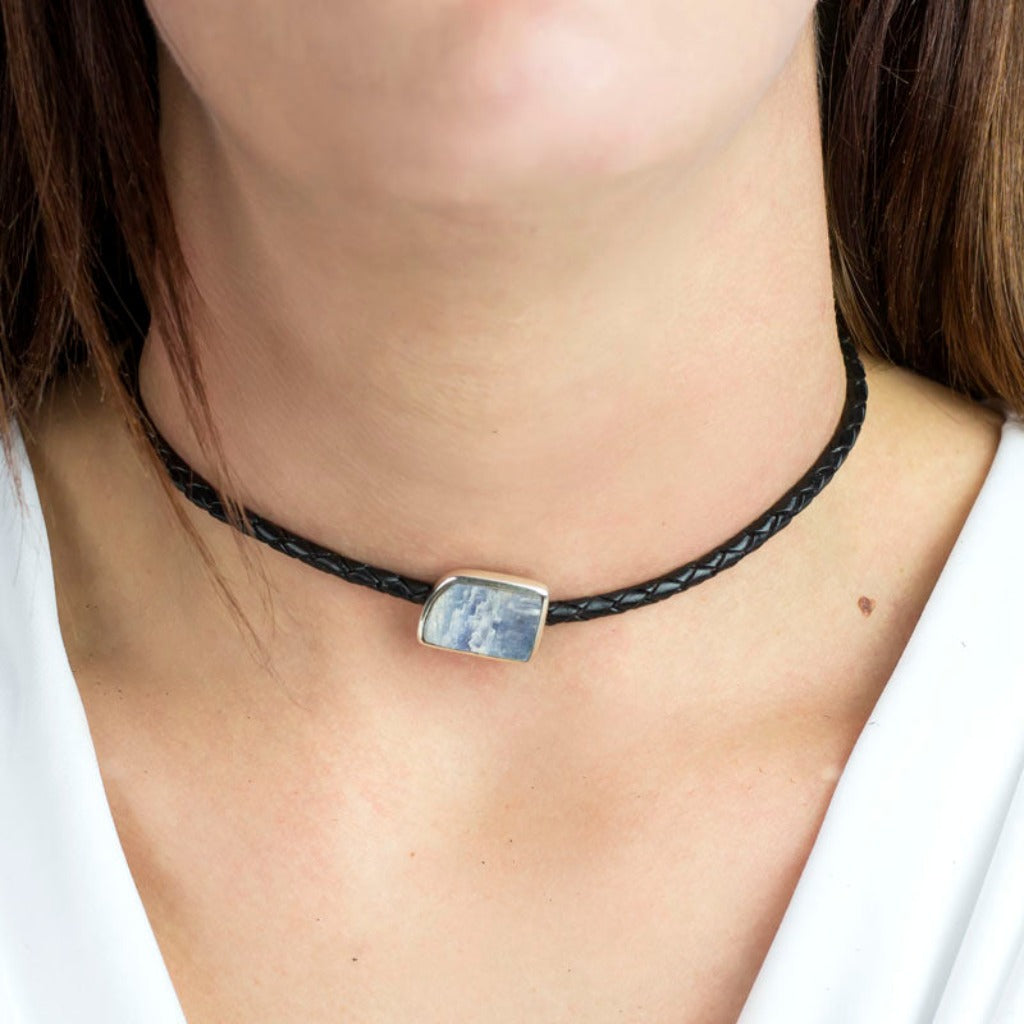Kyanite Braided Leather Choker Necklace on Model